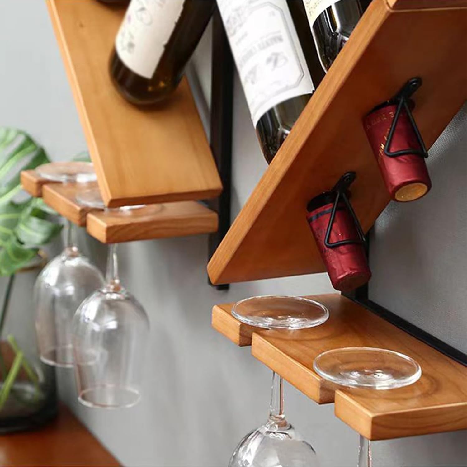 Wall Mounted Wine Rack, Metal Floating Bar Shelves, Wine Storage Display Shelf, Hanging Bar Liquor Shelves, Wine Bottle Rack with Solid Wood Frame(Left)