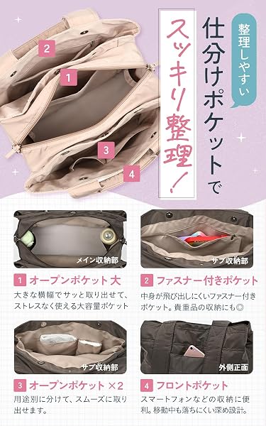 [Miwoluna] マザーズバッグ ナイロン トートバッグ 2way ショルダーベルト付き 軽量 大容量 撥水 底板付き 7ポケット 3層構造 ママバッグ レディース - 5