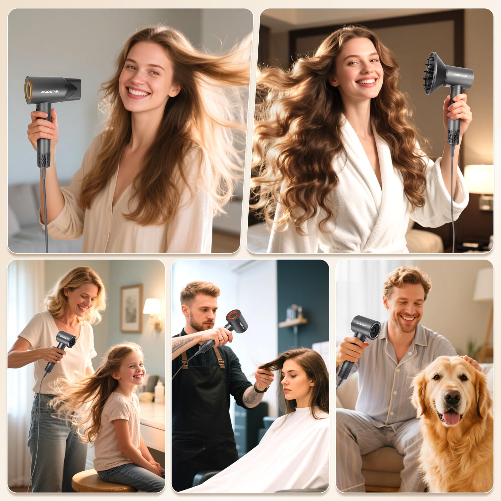 Aigostar Phon Capelli Professionale 1600W, Ioni Negativi - Asciugacapelli Leggero 450g con Motore Brushless 110.000 RPM, 55 dB Silenzioso, Accessori Magnetici con Diffusore - Per Casa e Salone