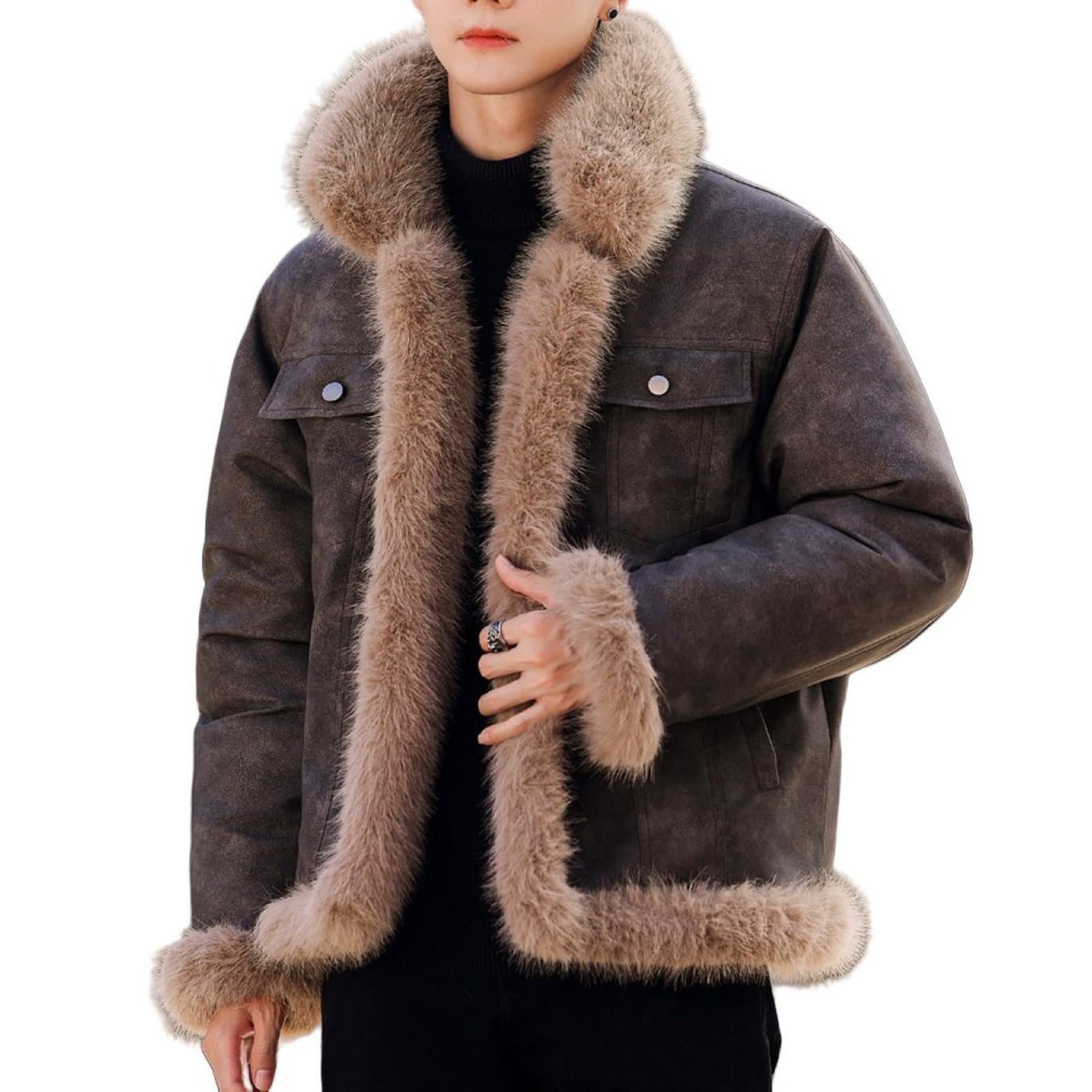 GHJCFVBS Winter Coat for Men Soft Warm Faux Fur Fluffy Motorcycle Jackets Fashion Plush Collar Reversible Casual Jacket
