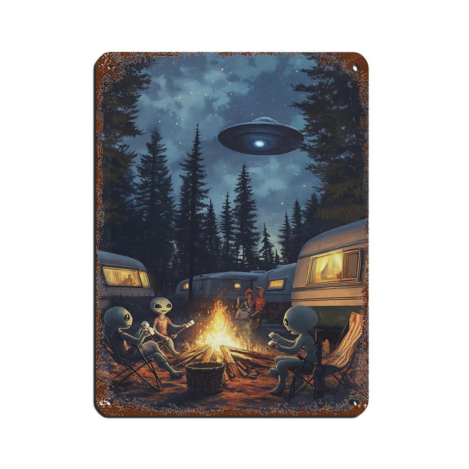 Lxwnze 30L X 40W Cm Alien Camping Scene Ufo Art Tin Sign Vintage Metal Pub Club Cafe Bar Home Wall Art Decoration Poster Retro 12X16inch(30X40cm)