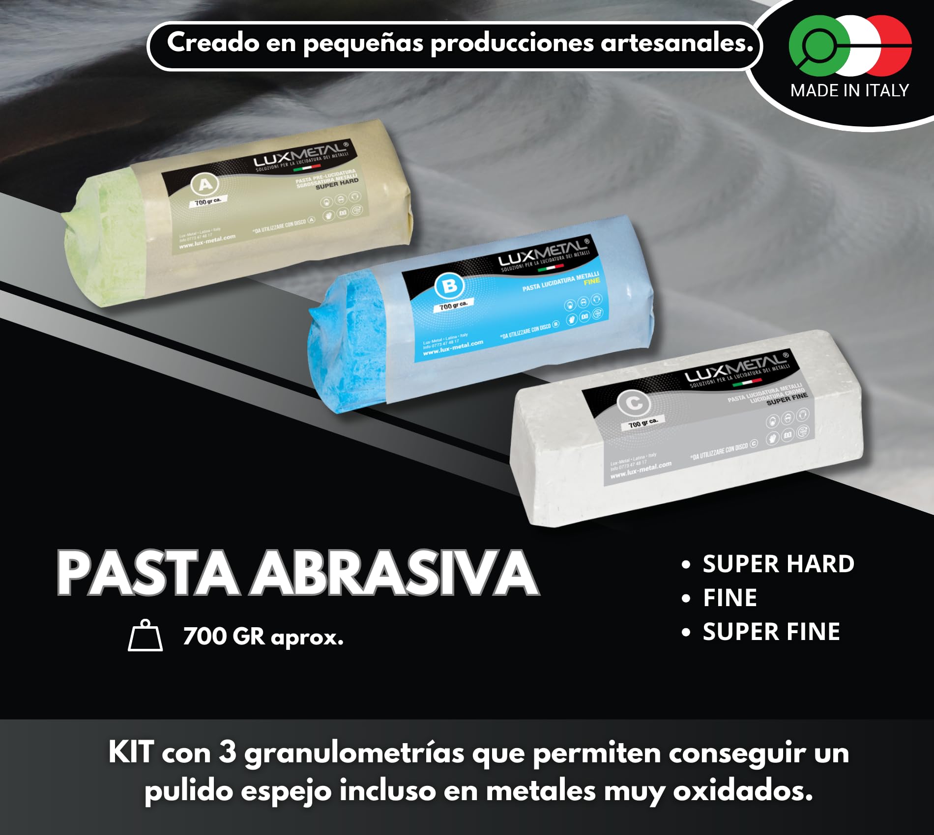 Lux Metal - Kit con 3 discos pulidores de 250 mm y 3 pastas abrasivas pulidoras de 700 gr - Para aluminio hierro acero inoxidable bronce mármol - Rueda de pulido para metales muela esmeriladora