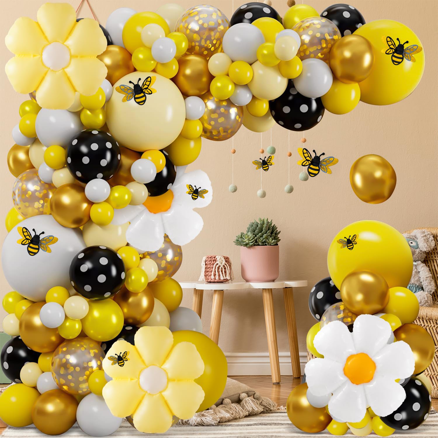 VinTS 140 Pcs Bee Balloons Garland Kit,Yellow Black White Balloons with Bee Stickers Gold Confetti Daisy Foil Balloons for Honey Bee Birthday Baby Shower Spring Theme Party Decoration