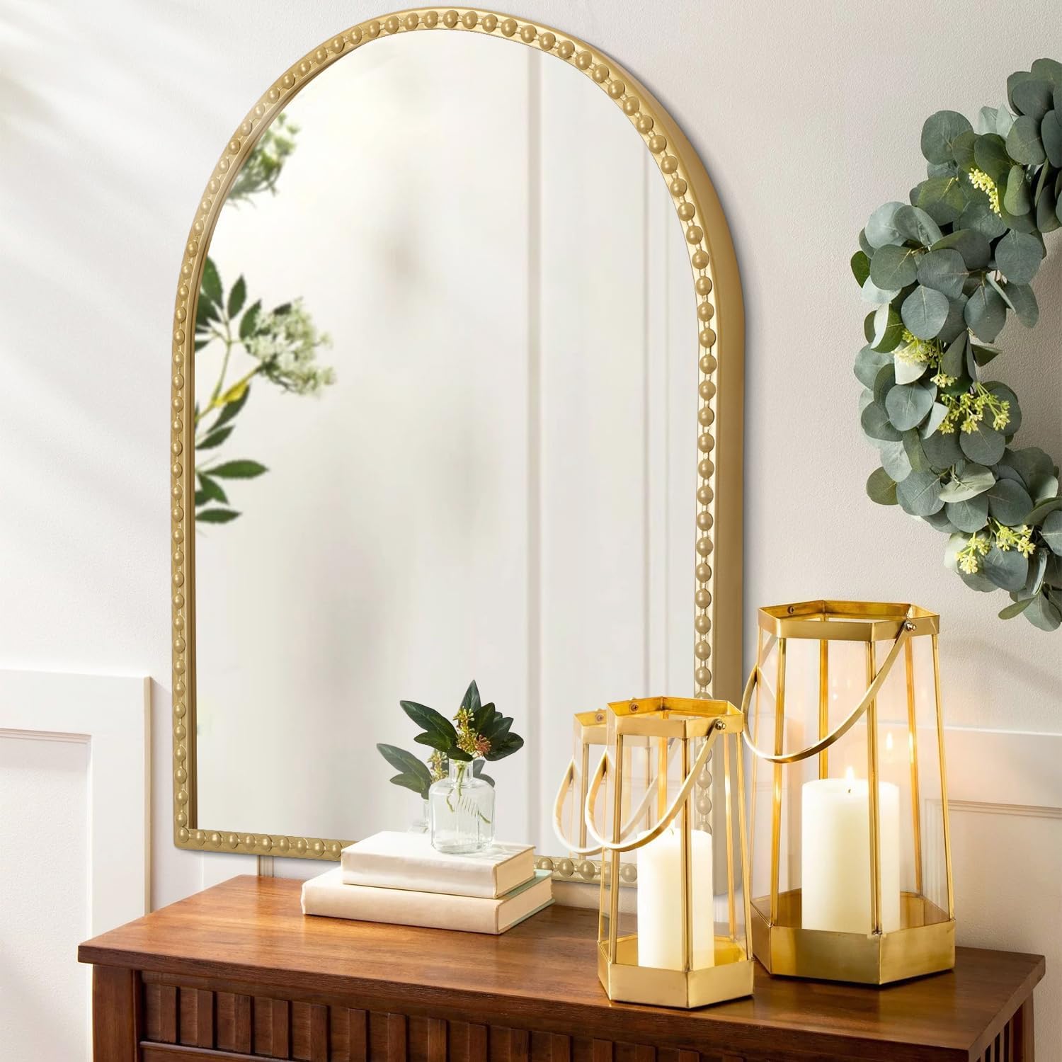 Large Gold Arch Mirror for Bathroom, Metal Beaded Frame 36"x24" Arched Wall Mirror, Decorative Mirror for Vanity Accent Bedroom Living Room Entryway