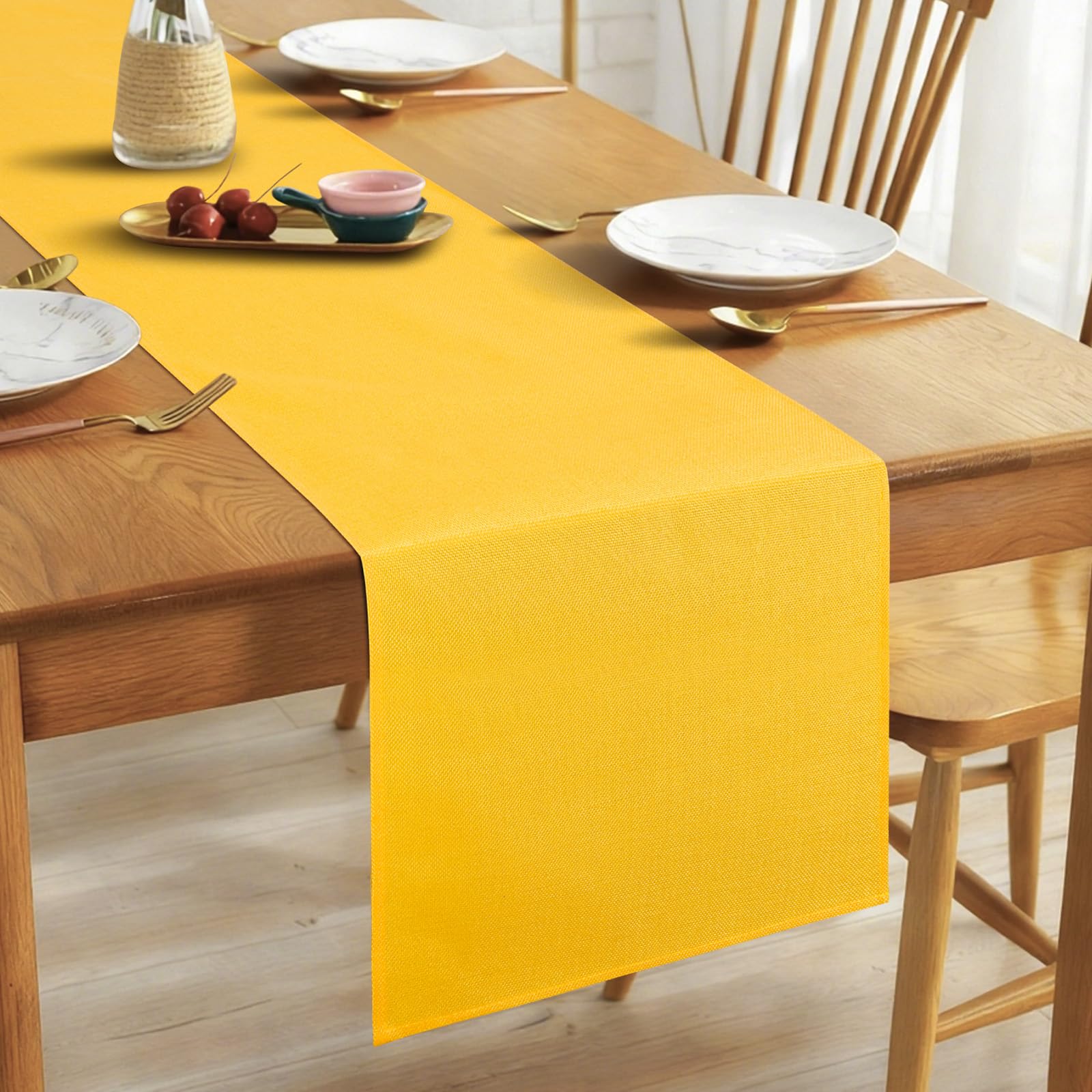 Alaoo Linen Table Runner, 40 * 180cm Elegant Rustic Farmhouse Table Runner, Washable Kitchen Dining Table Decoration for Dining Holiday Parties and Everyday Use, Yellow