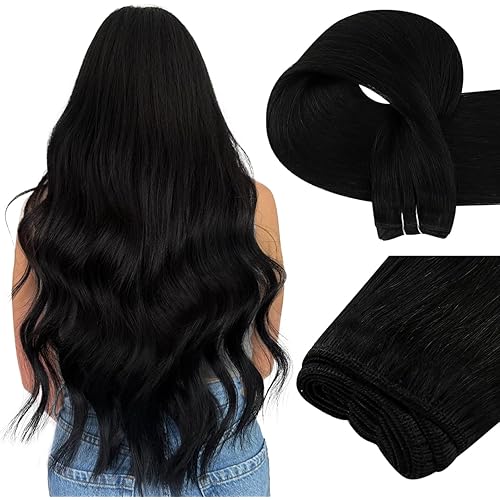 Easyouth Sew in Hair Extensions Real Human Hair Jet Black Hair Extensions Real Human Hair Weft Black Invisible Weft Hair Extension Human Hair 22Inch 100G