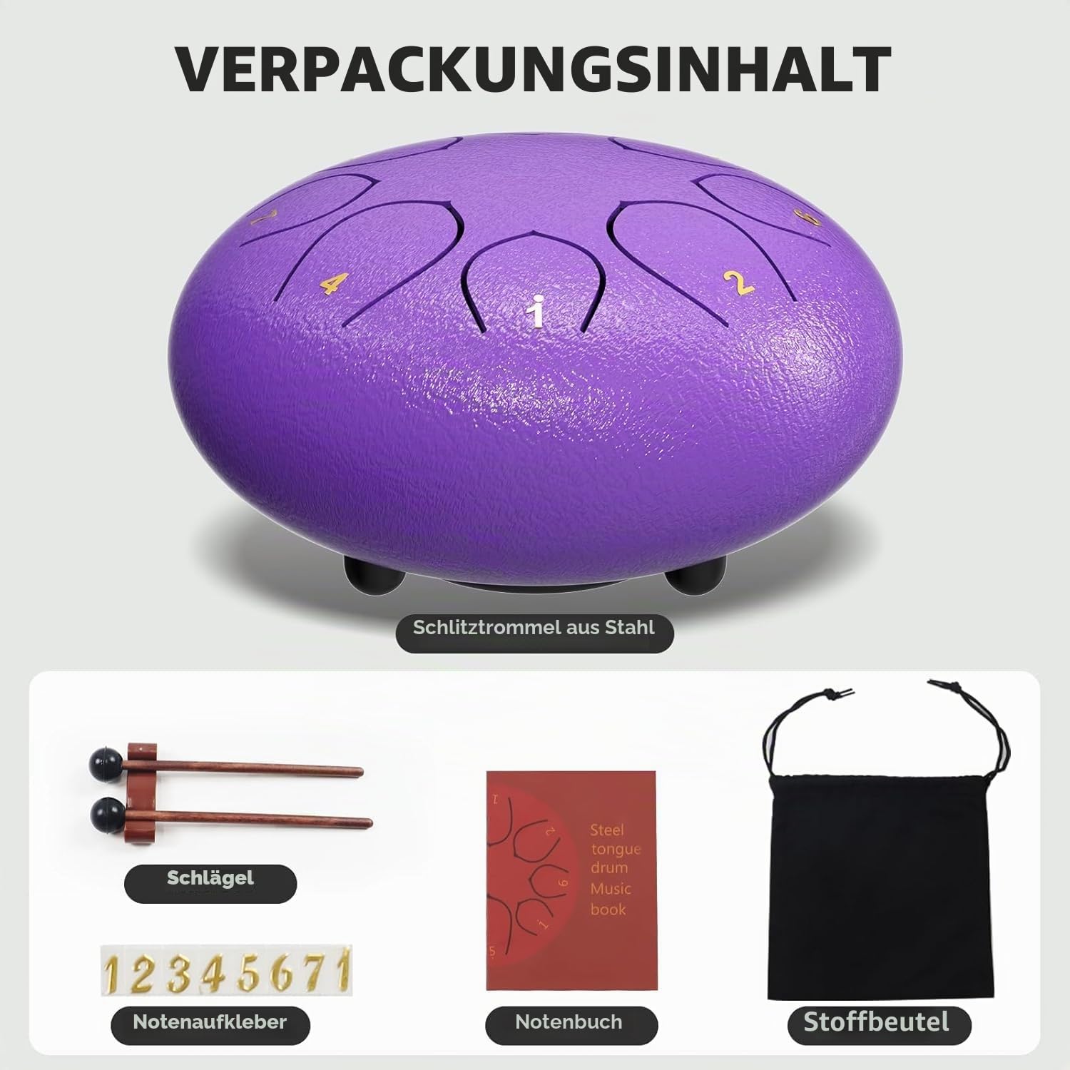 Stahlzungentrommel,Noten Regentrommeln für Außengarten, Regenspiel, Handpfanne mit Musikbuch, Schlägel, Regenspiel, wasserdicht, Handpan-Instrument im Freien (Lila, 6 Zoll)