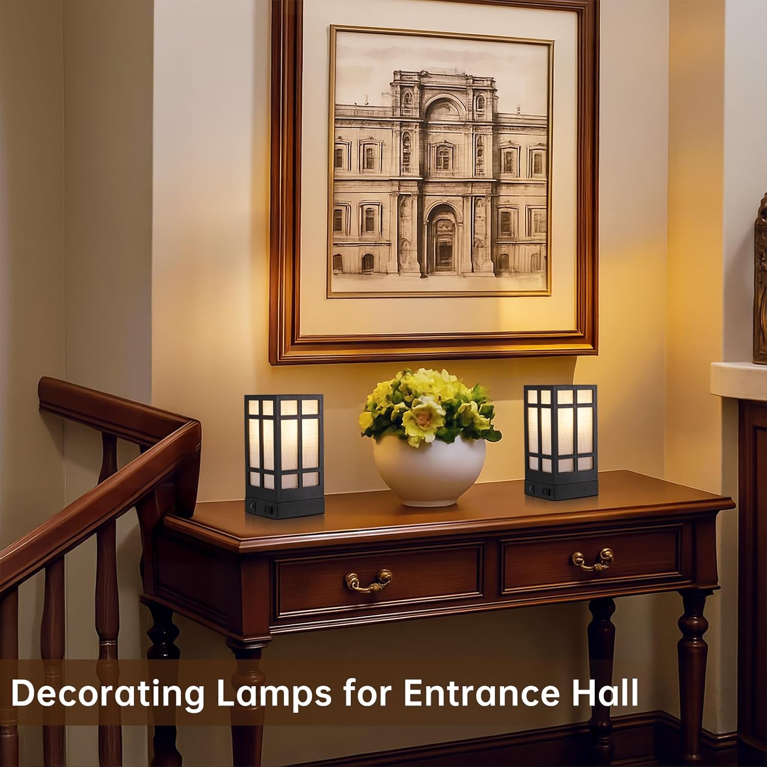 Beside Table Lamp set of 2 with AC Outlet, USB A & C Charging Port,Small Rectangular Nightstand Lamp with Bamboo Linen Shade,LED Bulbs Included,Tabletop Reading Lamp for Living Room/Dorm/Office