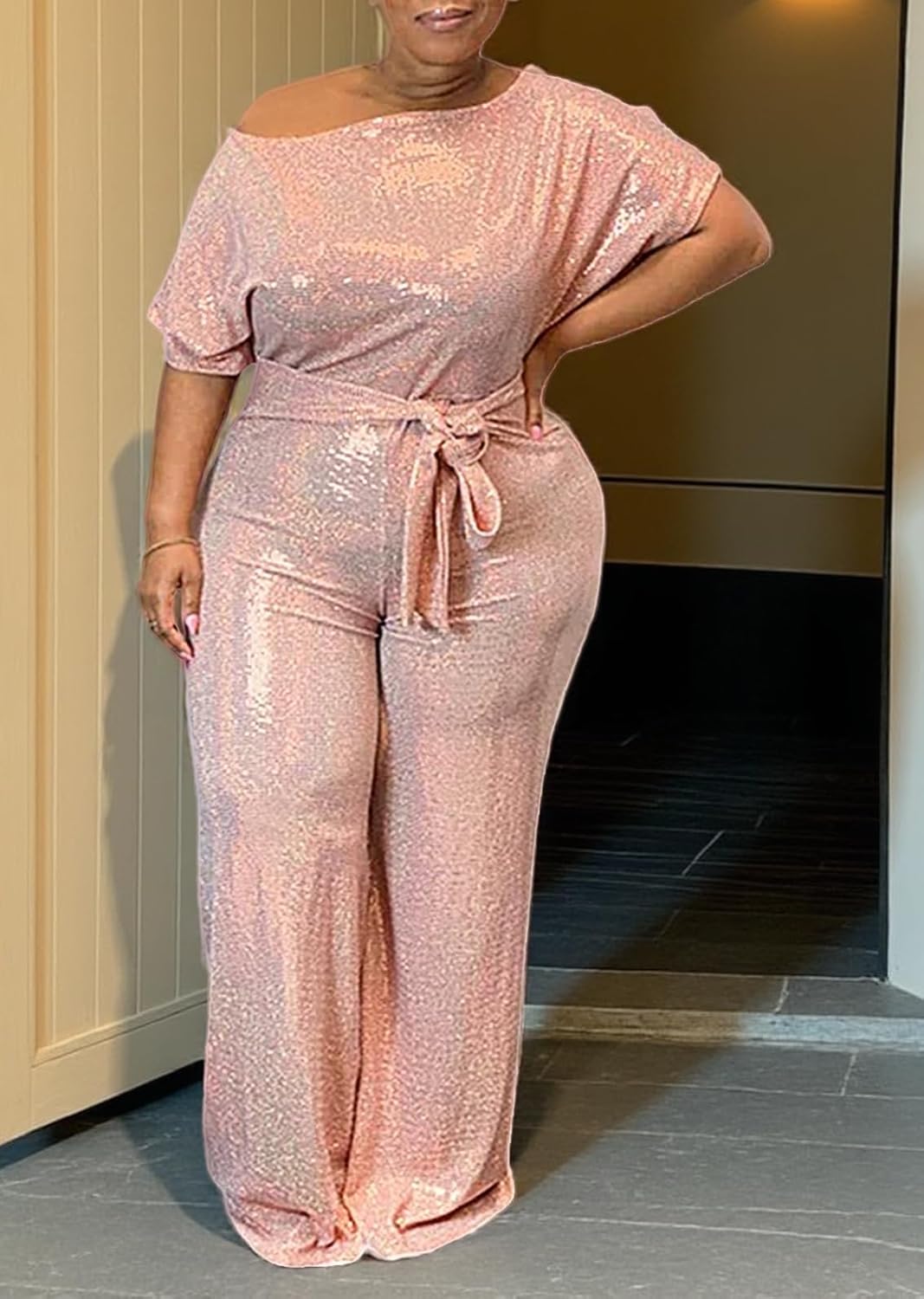 LKOUS Women's Off Shoulder Sequin Jumpsuit Sparkly Short Sleeve High Waisted Wide Leg Romper Beach Vacation Outfits - Image 5