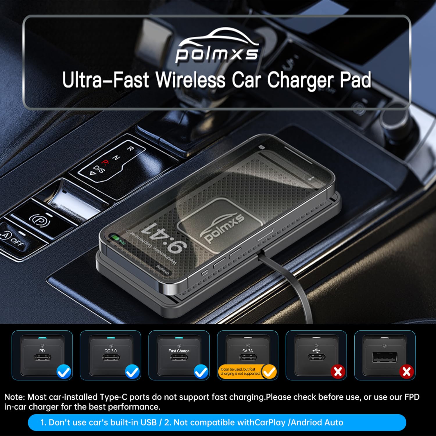 POLMXS Kabelloses Ladegerät, Ladepad, 15 W, schnelles kabelloses Handy-Ladegerät, rutschfestes Ladepad für Auto, Handy, kabellose Ladematte Galaxy 21/20, Note10, S9S10S8 (30 cm Kabel) (C2Y)