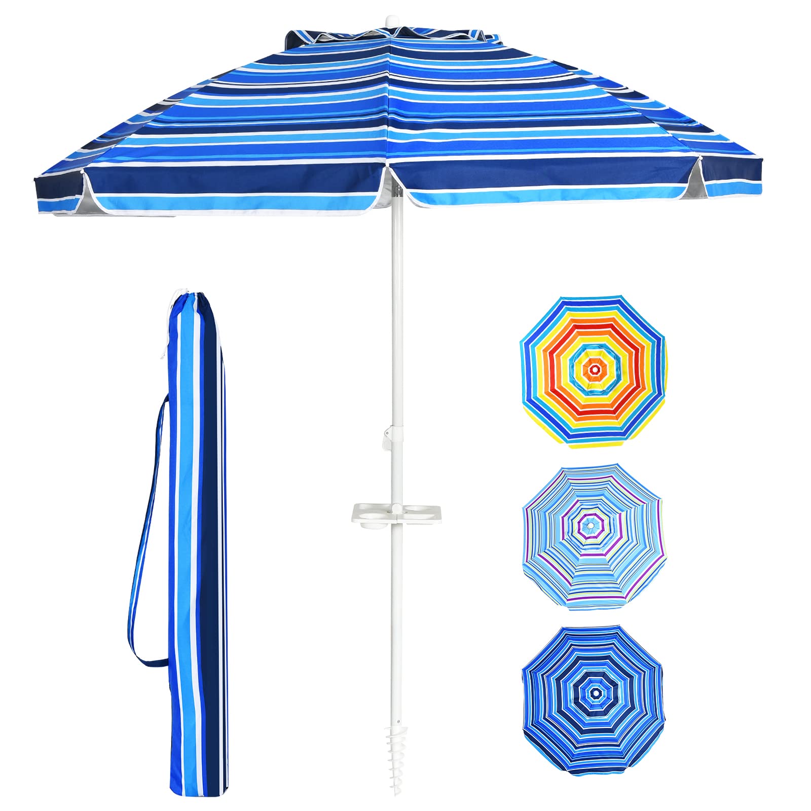 RELAX4LIFE Sombrilla de playa, plegable 30°, resistente al viento, estable, diámetro de 220 cm, redonda, sombrilla de jardín con soporte para bebidas, casquillo de suelo y funda protectora, sombrilla