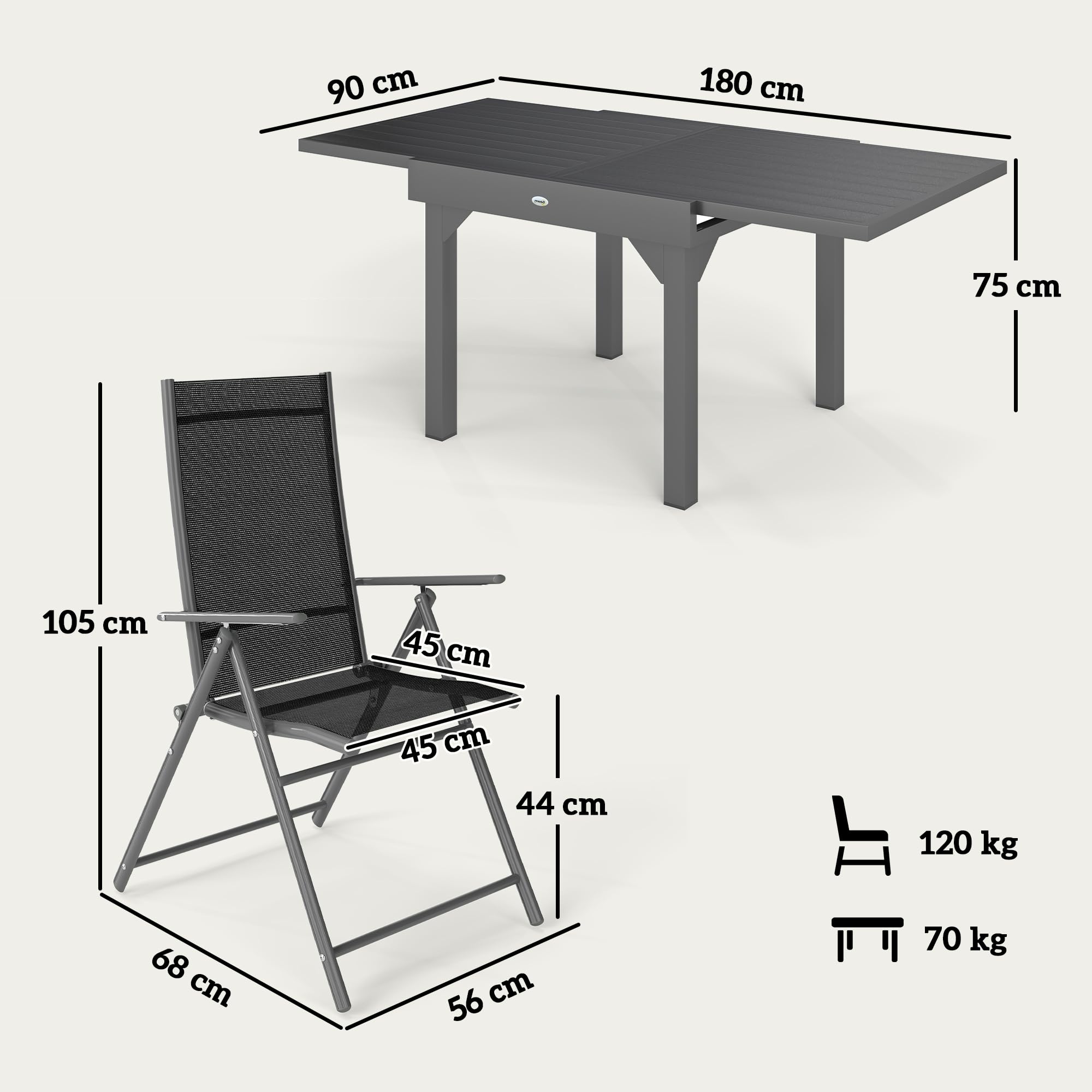 Outsunny Set Tavolo da Giardino con Sedie da 7 Pezzi 90/180cm Grigio e Nero | Set da Pranzo, Tavolo Allungabile, 6 Sedie da Esterno Pieghevoli con Braccioli, Mobili, Acciaio e Textilene