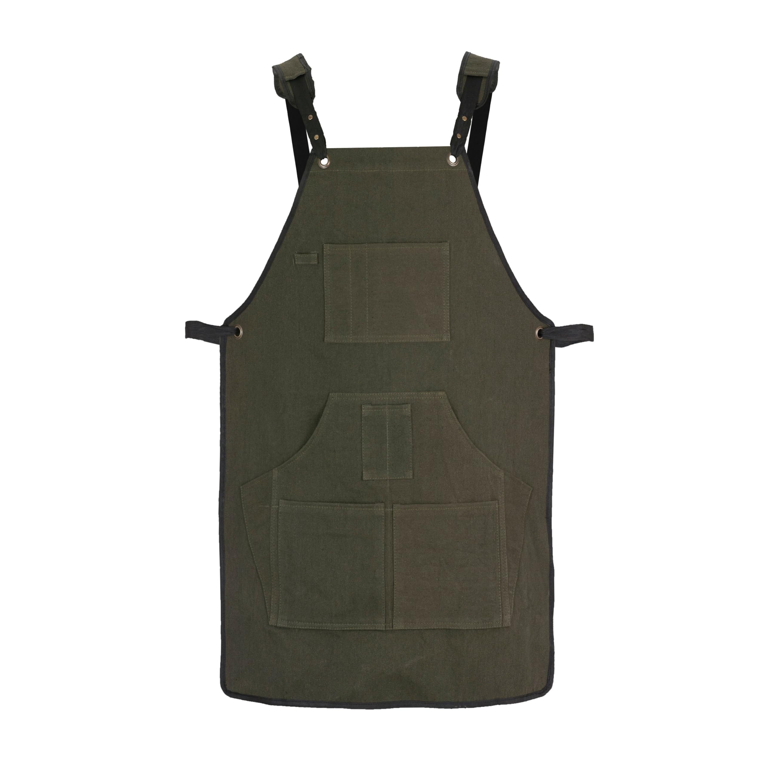 Leathershire Unisex Green Working Apron | Waxed Canvas | Canvas | Tool Pockets | Cross Back Straps Adjustable | Woodworking | Gardening Apron (Green)