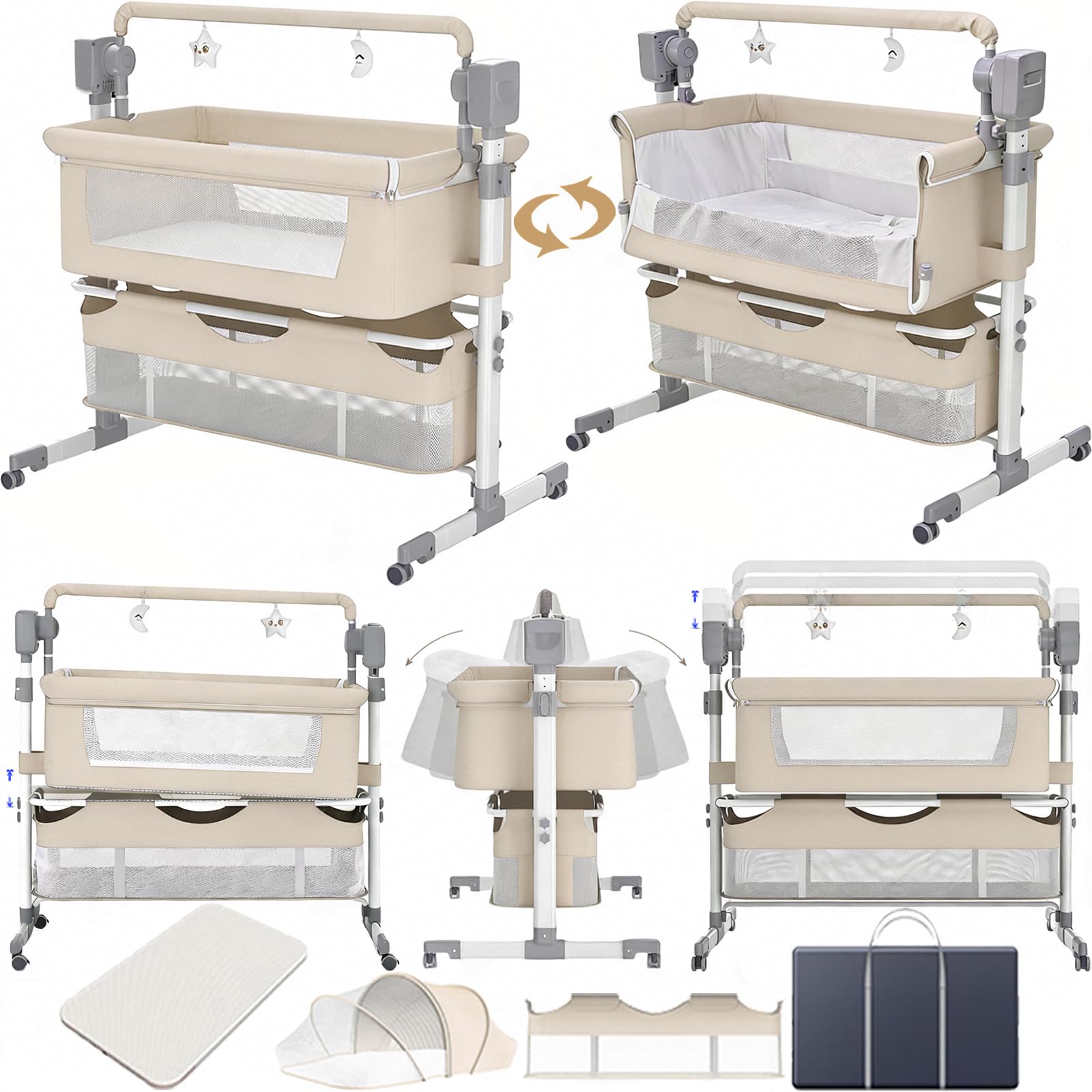 Faltbar Beistellbett Baby, Multifunktional Babybett, Höhenverstellbar Stubenwagen Baby, Babys Reisebett Mit Matratze (601 Beige)