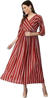 KHEJAL Women's Rayon Printed Pre and Post Pregnancy Long Anarkali Maternity Kurta Dress with Side Zippers Price In India