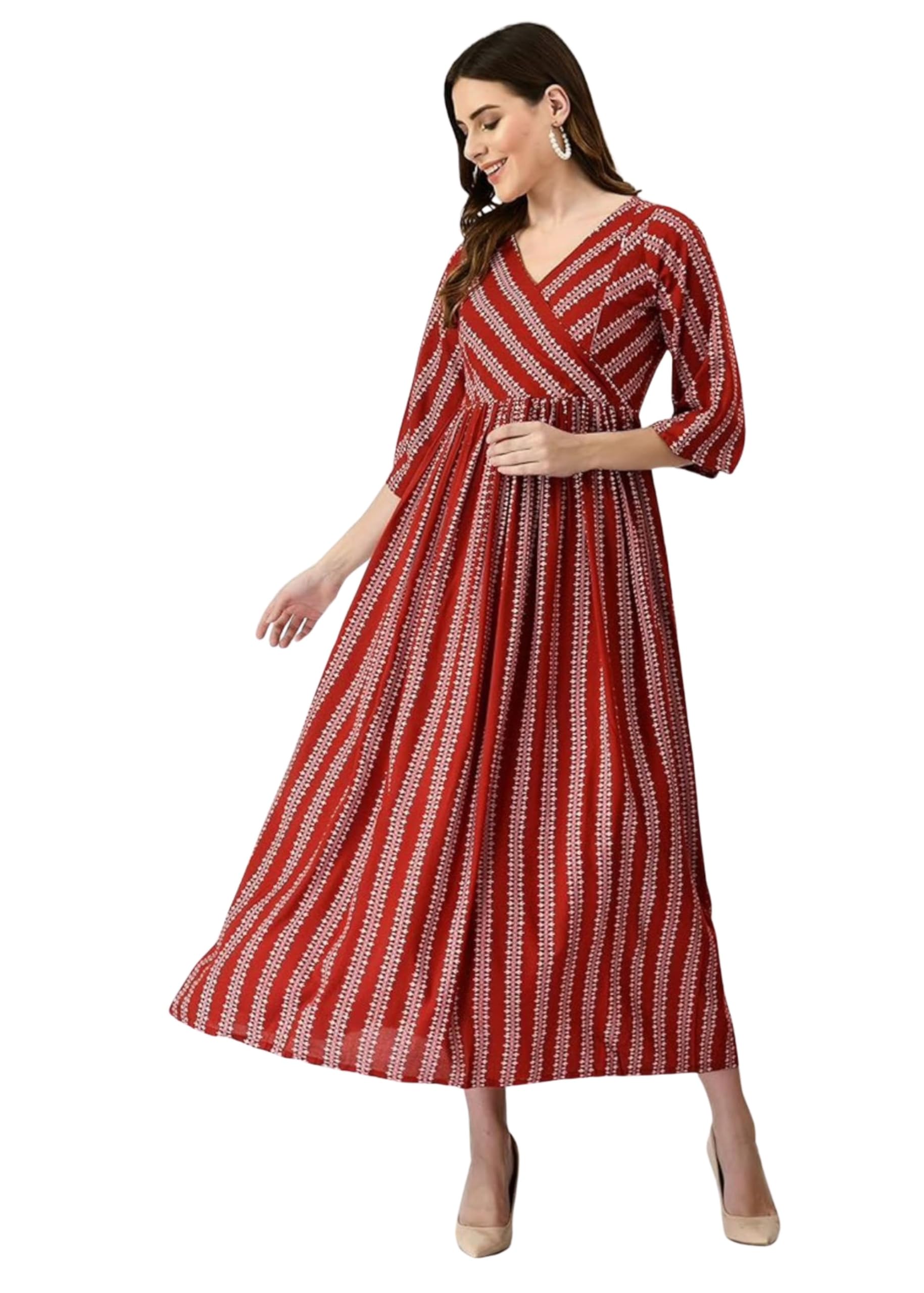 khejal Women's Rayon Printed Pre and Post Pregnancy Long Anarkali Maternity Kurta Dress with Side Zippers (Maroon-S)-picture-36