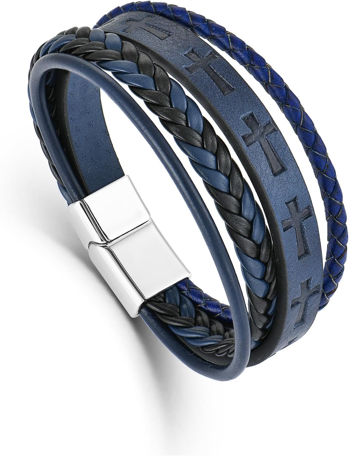 Mens Leather Cross Bracelet Multi-Layer Braided Faith Bracelet Religious Wristband Father's Day 8.5" Memory Bangle with Stainless Steel Buckle