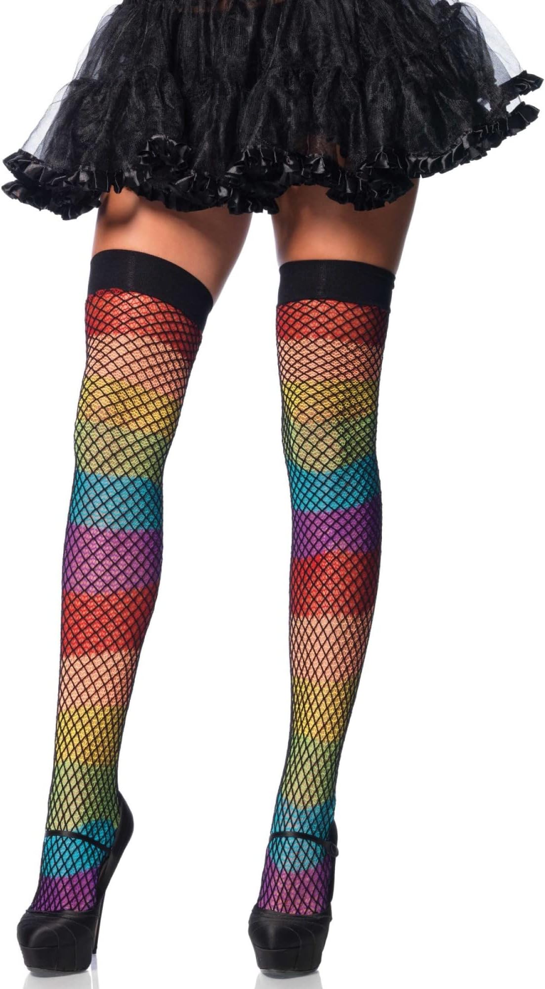 Leg Avenue 9994 One Size 6 to 12 Multicolor Rainbow Thigh Highs with Fishnet Overlay and Elastic Top