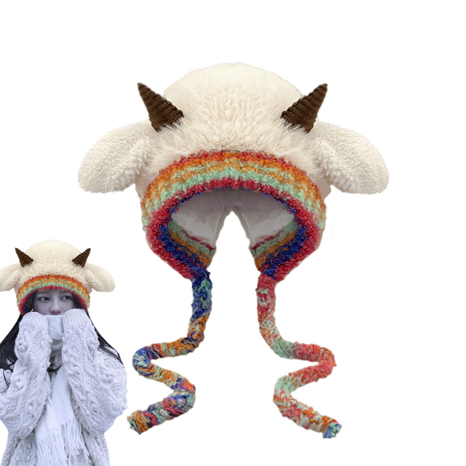 Gorro con capucha de cuernos de oveja lindo forrado de punto para evitar el frío en las orejas