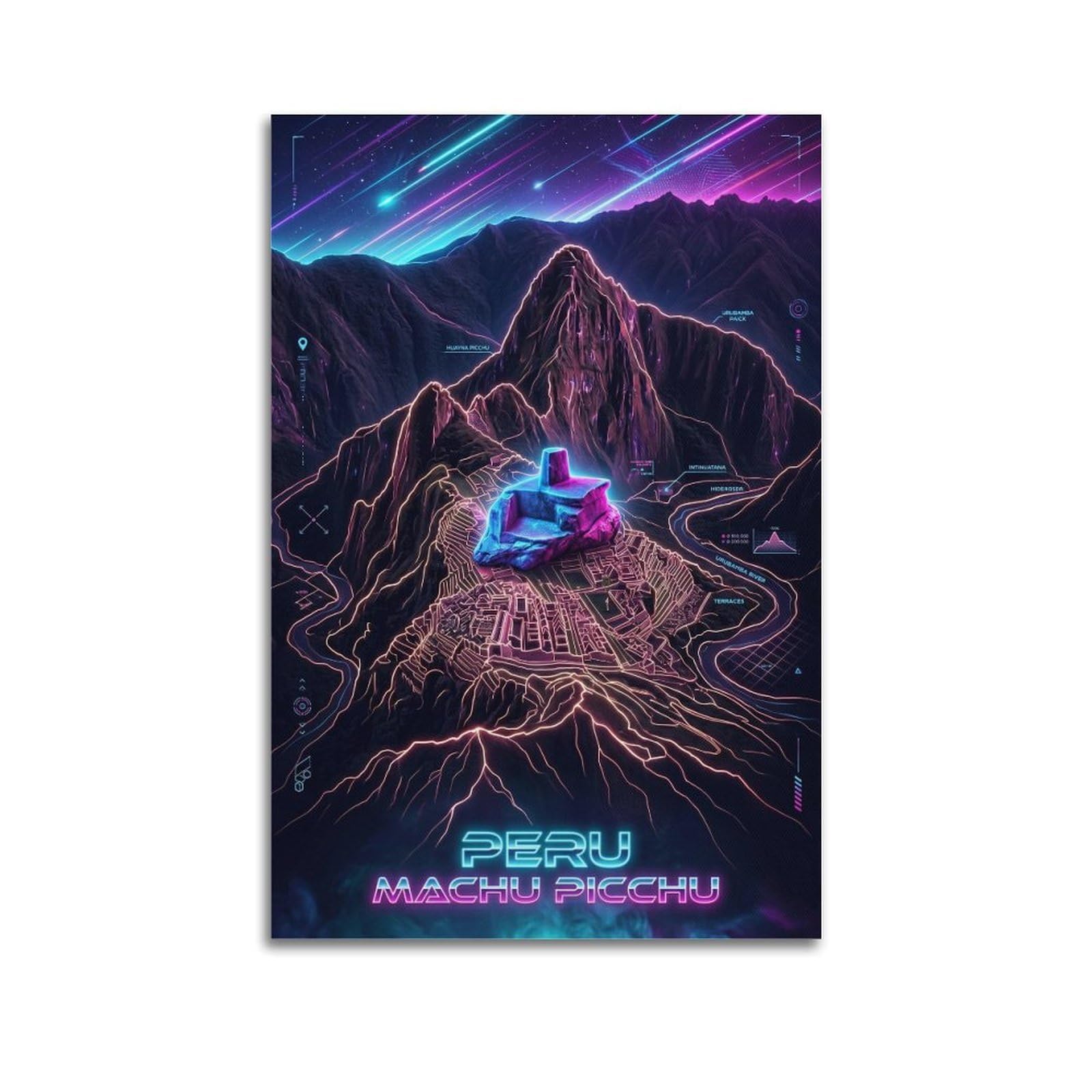 XKUGA Peru Machu Picchu 80s Neon Map Gamer Room Poster Modern Decorative Canvas Prints - Ideal Wall Art for Family, Man Cave, Game Room, Boys & Girls Bedroom 20x30inch(50x75cm)