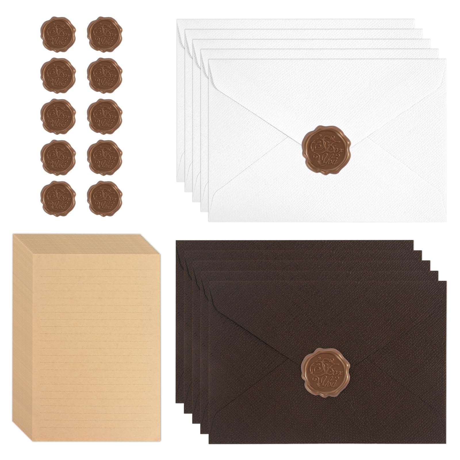 35 PCS Writing Paper and Envelopes Set with 10 Gift Envelopes and 15 A5 Writing Paper and 10 Seal Stickers Vintage Letter Envelopes Set for Birthday Wedding Invitation Greeting Cards(Brown)