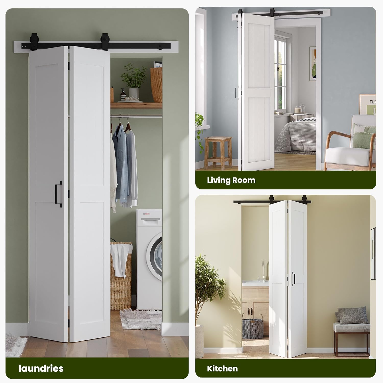 Collage of images showing the bifold barn door installed in a laundry room, living room, and kitchen, demonstrating its versatility.