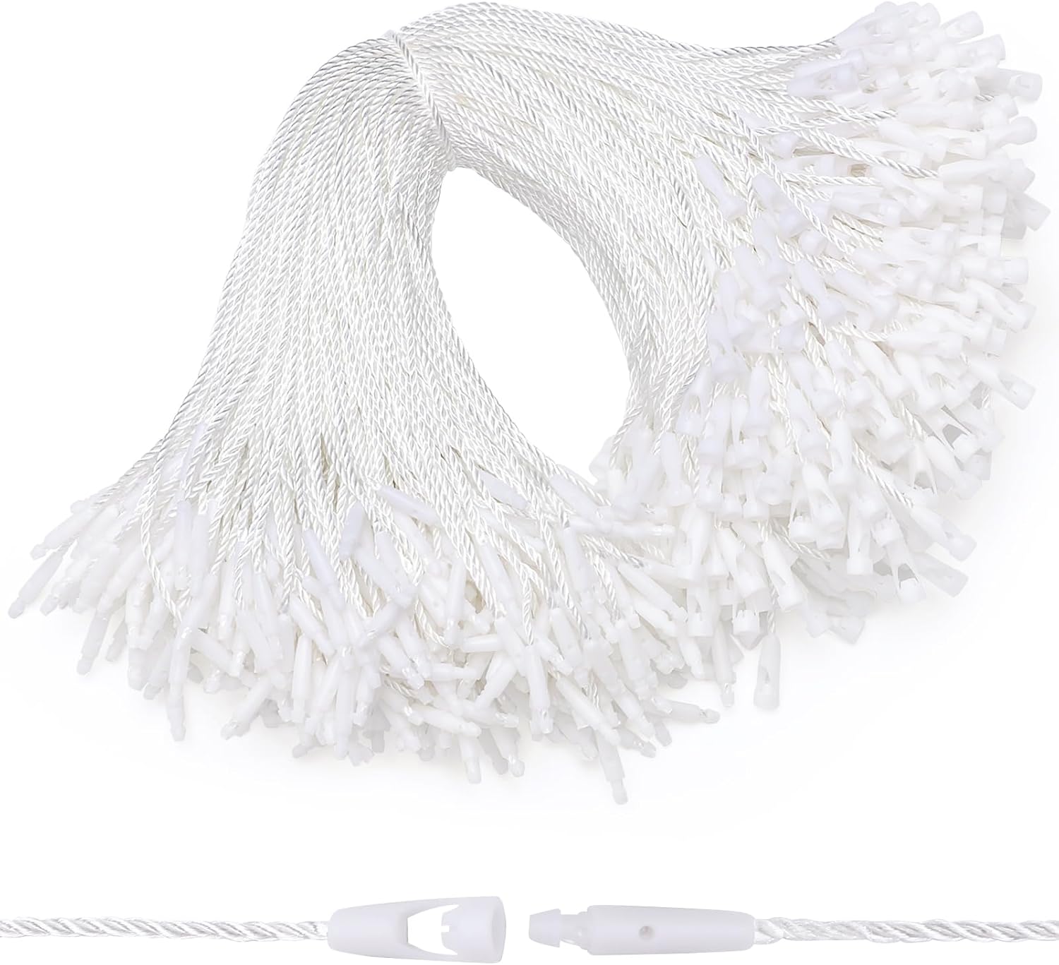 EUSOAR String for Tags, 7.3" 500Pcs Nylon Gift Garment Price Hanging Tag Rope Snap Lock Pin Loop Fastener Hook Ties Fast to Attach for Present Clothing Shoes Luggage Labels-White
