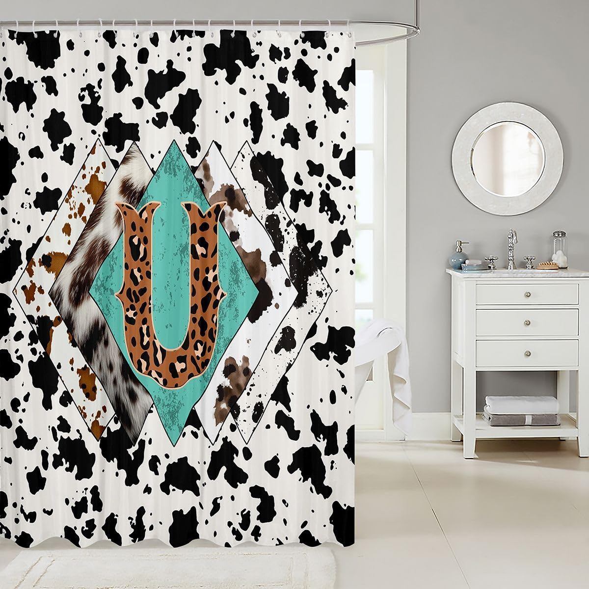 Rideau de douche lettre U taille L léopard monogramme alphabet imprimé cuir de vache rideau de bain pour adultes style rustique rustique rideaux de bain imperméables avec 12 crochets pour baignoire