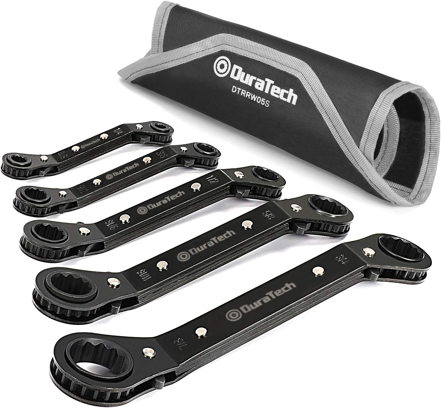 DURATECH Double Offset Box End Reversible Ratchet Wrench Set of 5 SAE Heavy Duty Matte Chrome Plated Ratchet Spanners Bent in Tight Spaces (1/4-7/8")