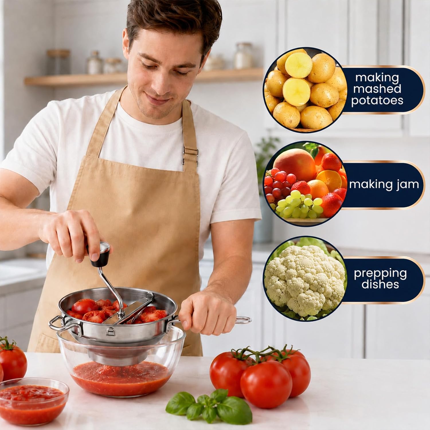Stainless Steel Food Mill with 3 Interchangeable Discs, Rotary Food Mill for Tomato Sauce, Mashed Potatoes, Baby Food, Jams, Ergonomic Handle, Easy to Clean & Assemble