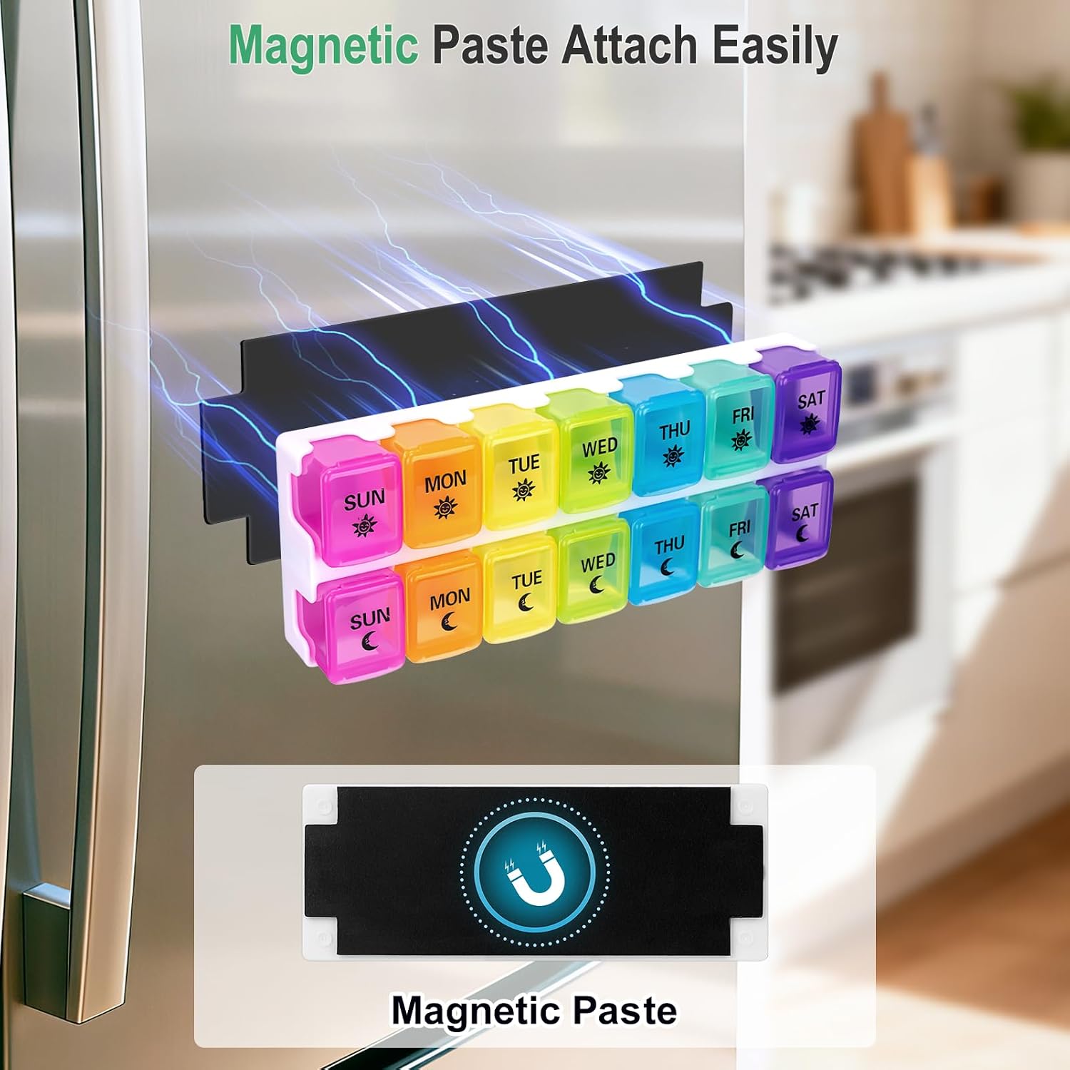 Zentiky Weekly Pill Organizer 2 Times a Day, Magnetic Pill Box for Fridge with Removable 7-Day Compartments, Easy Open Medication Dispenser for Vitamins, Supplements, Medication