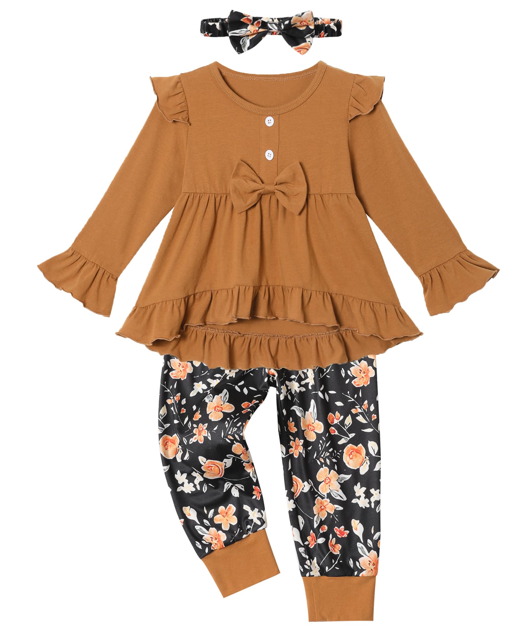 Hevemexy Toddler Girl Clothes Solid Color and Ruffled Sleeve Tops Floral Pants with Headband Fall Winter Toddler Girl Outfits
