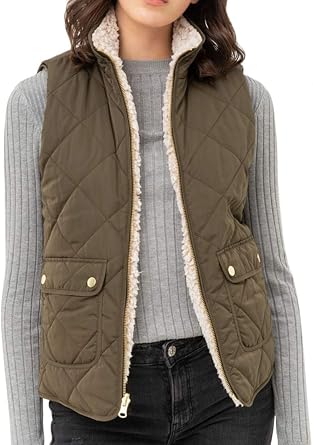 ALLLA Reversible Quilted Sherpa Fleece Fur Zip up padding Vest Jacket S-3X