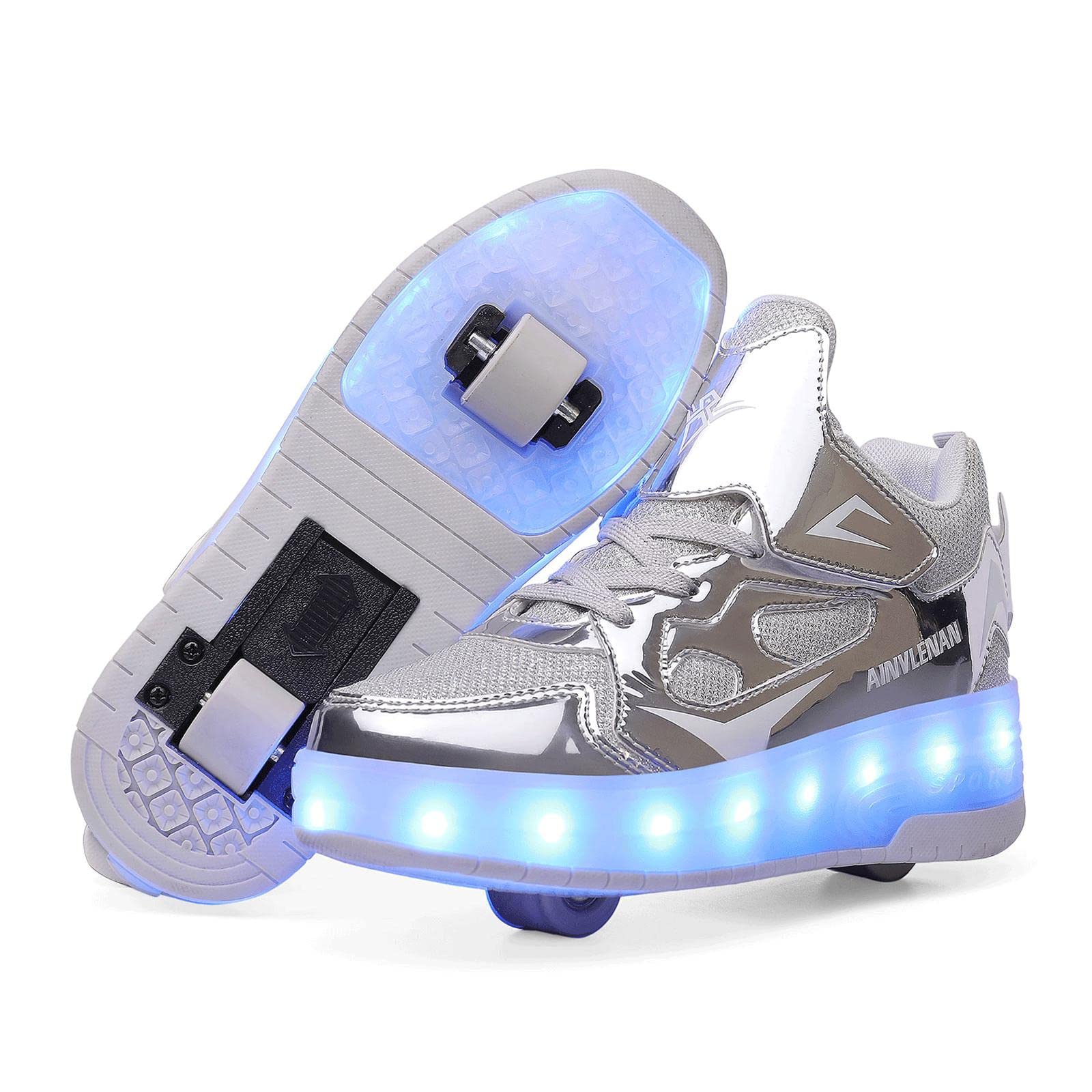 TECDOTO Zapatos de Patines Rueda Doble para Niños y Niñas Monopatín Niños Carga USB LED Intermitente Zapatos de Skate Zapatillas de Skate con Ruedas Rectas Zapatillas Skate Técnicas,Silver-30EU