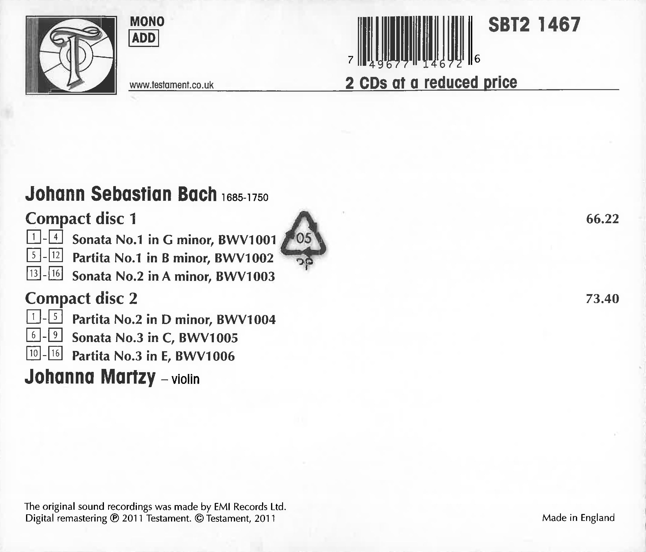 Image secondaire de Sonates et Partitas de J.S. Bach par Johanna Martzy