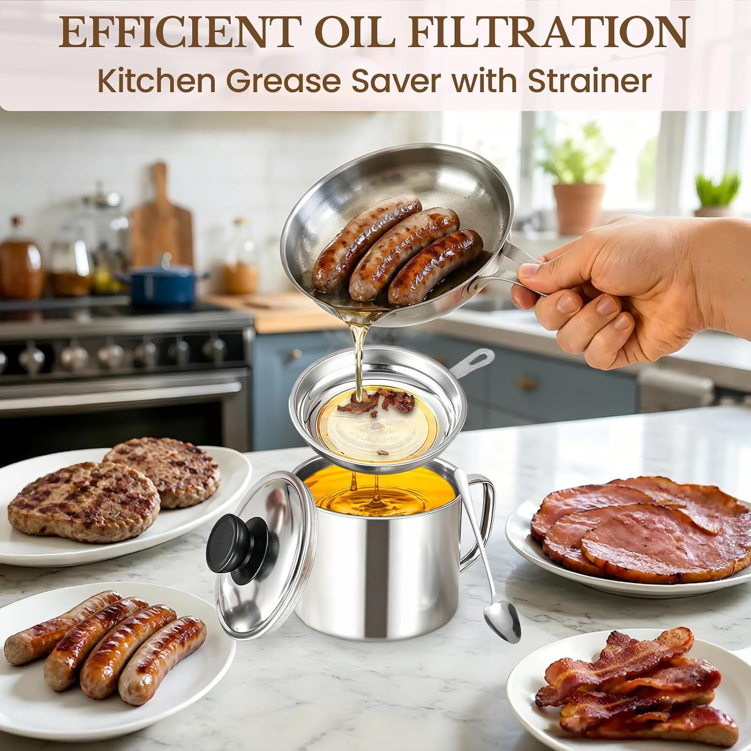 Bacon Grease Container with Strainer & Spoon, 28oz Stainless Steel Grease Saver, Large Capacity Oil Keeper with Lid, for Kitchen Cooking Oil, Bacon Drippings, Lard & Ghee Storage, Dishwasher Safe