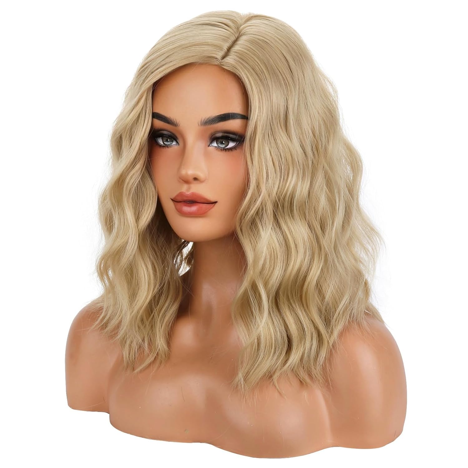 BERON Blonde Wigs for Women Short Curly Wavy Wig Girls Dirty Blonde Shoulder Length Body Heat Resistant Synthetic Hair Wig for Cosplay Party or Daily