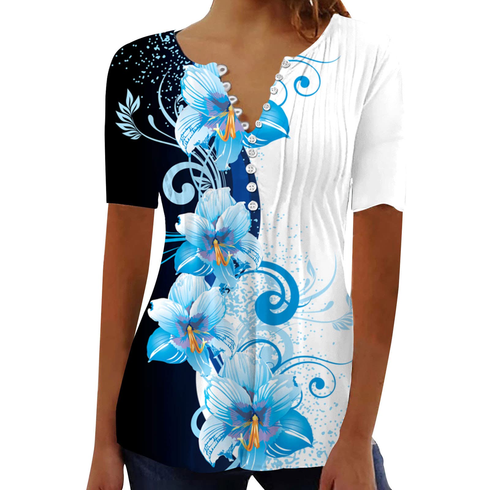 NUSGEAR 2024 Camiseta de Manga Corta Mujer Moda impresión Camisa Verano Suelto Cuello en V Botones Túnica Tops Elegante Casual Fiesta T-Shirt Original Basic tee Camisetas Blusa Talla Grande