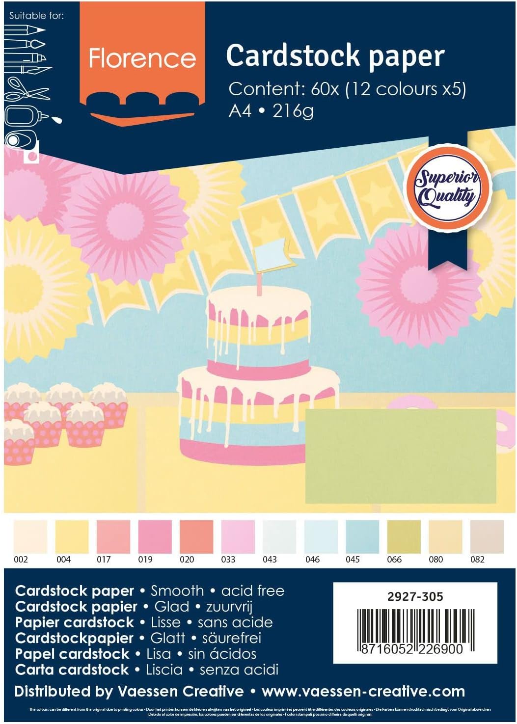 Vaessen Creative Florence Smooth Cardstock, Pastel Colours Mix, 216 Grams, Size A4, 60 Sheets, for Scrapbooking, Card Making, Die Cutting and Other Paper Crafts, Multi, DIN