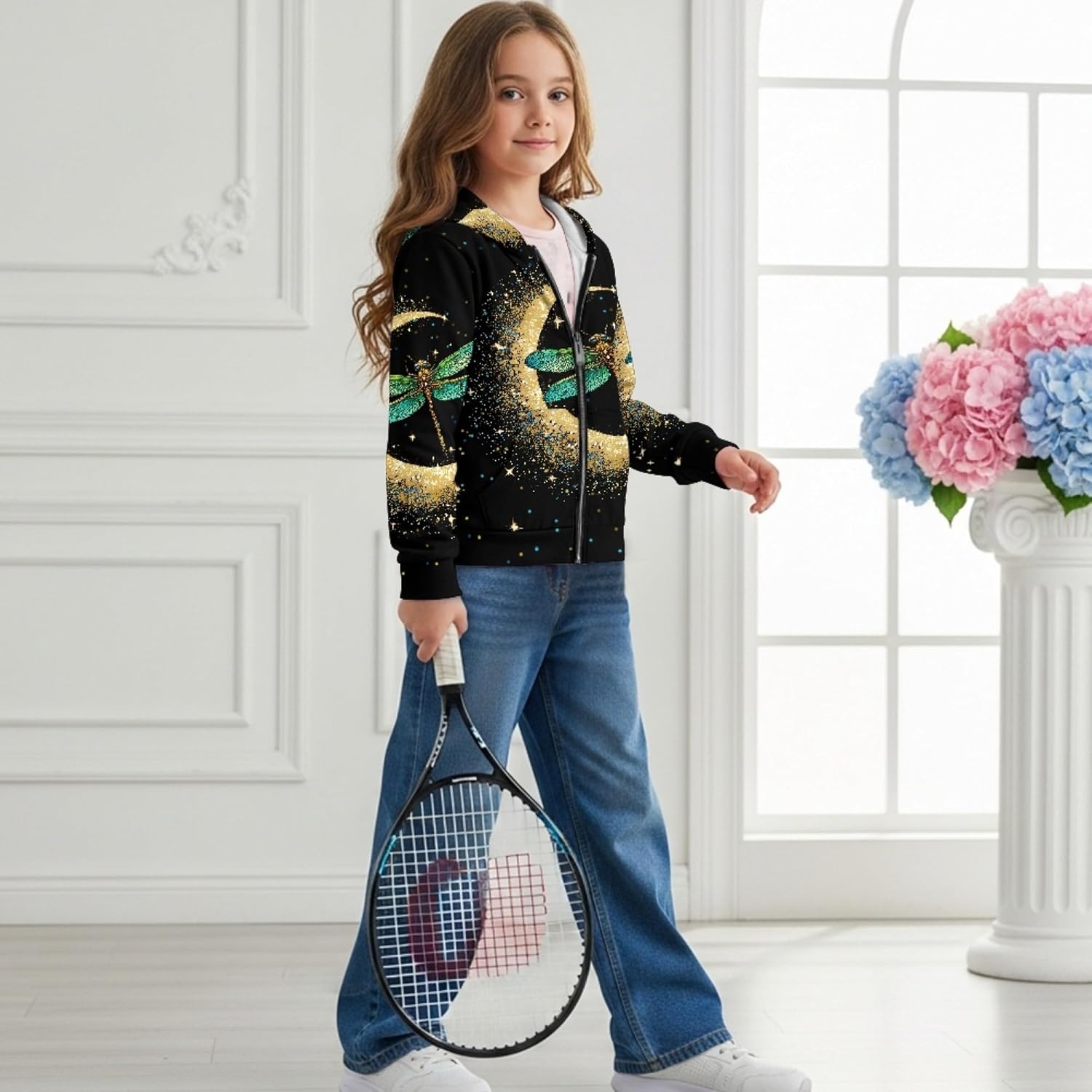Girls Hoodie Zip Up Animal Print Long Sleeve Hooded Sweatshirt Lightweight Fall Spring Thin Jacket Casual Outwear