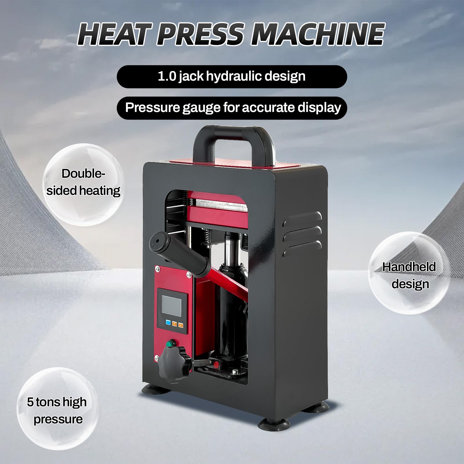 Hydraulische Rosin Presse 5 Tonnen Manuelle Wärmepresse Doppel-Heizplatten Digitaler LED-Anzeige Temperatur regelbar Extraktion Kräuter Pollen Kompakte Tischpresse Rot
