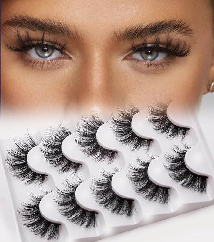 Cílios postiços em faixa Dirbeauty, efeito mink, estilo wispy, curvatura D, 8D, formato cat eye, pacote com 5 pares