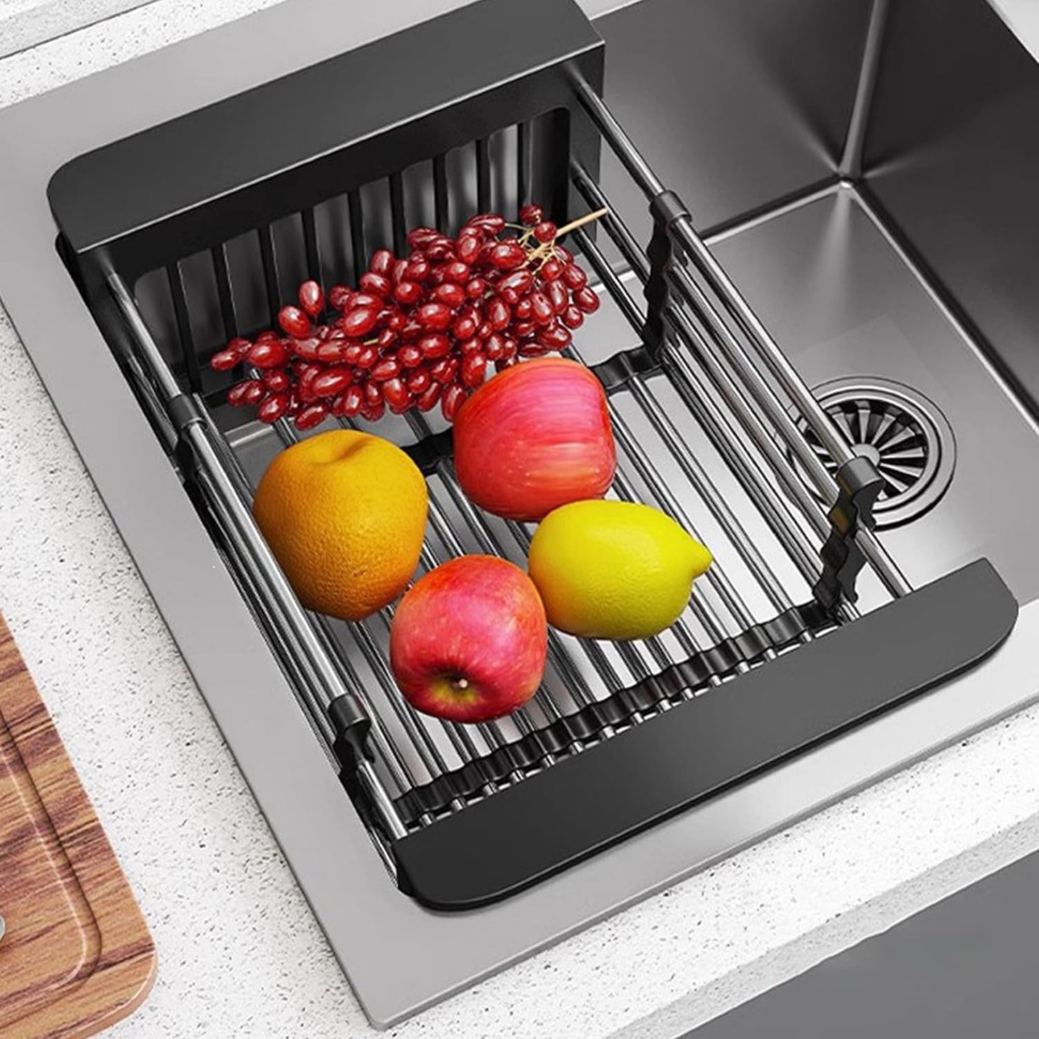 Escurridor de platos ajustable para colocar sobre el fregadero, cesta de drenaje extensible de acero inoxidable para fregadero de cocina de 11,42 a 18,7 pulgadas para frutas, verduras y vajilla, color
