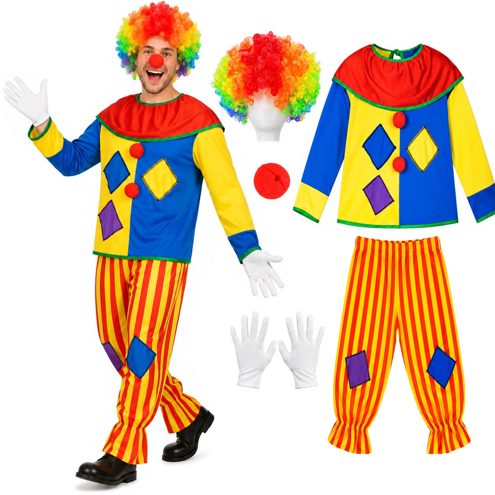 ILLOMEEGOOS Circus Clown Costume Adult Halloween Circus Outfit Clown Wig