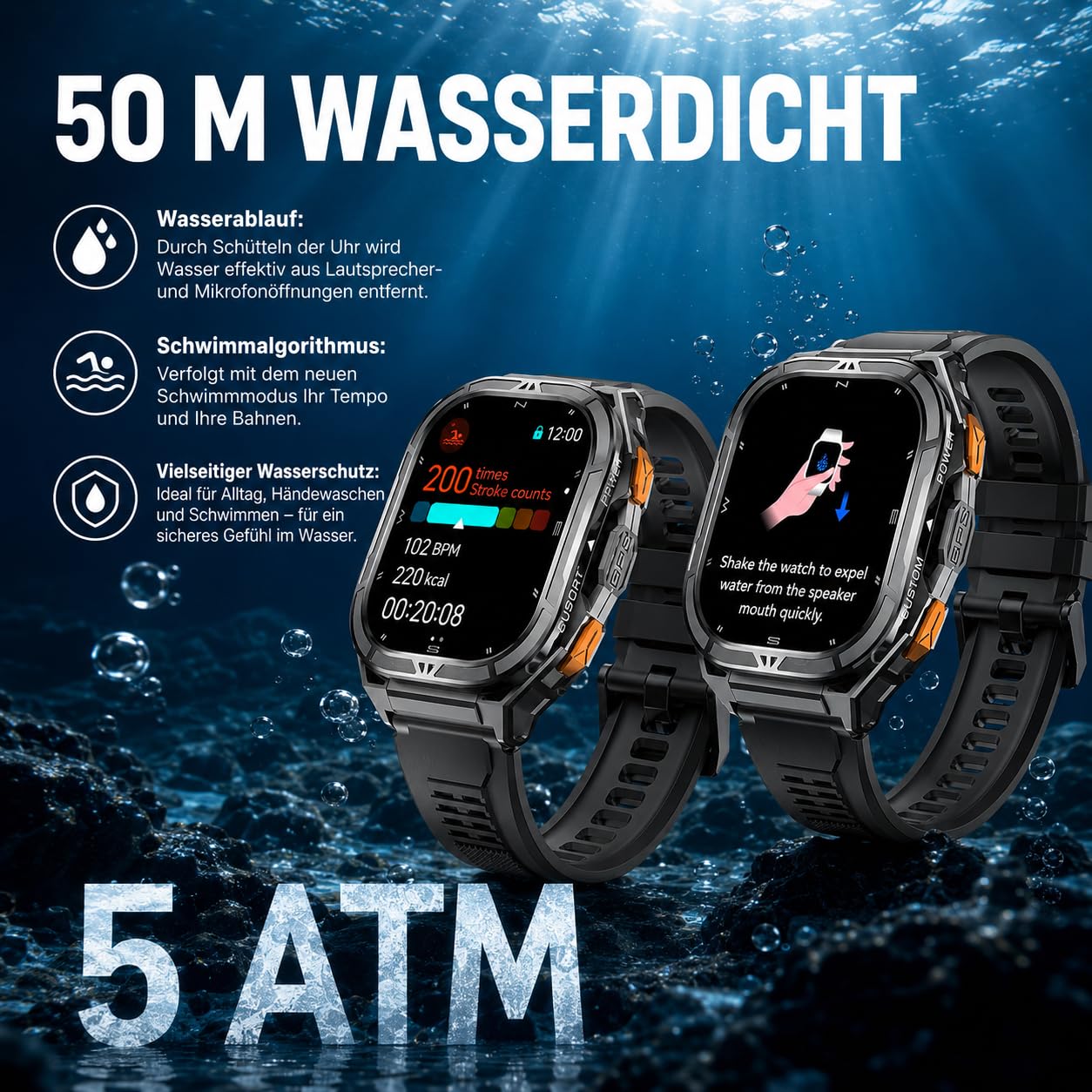 Thor 3.0 - Smartwatch Sportuhr Mit 1,96 Zoll AMOLED Display 5ATM Wasserdicht 100+ Trainingsmodi Herzfrequenzmessung Schlafanalyse SOS Funktion Für Männer Und Frauen (Schwarz)