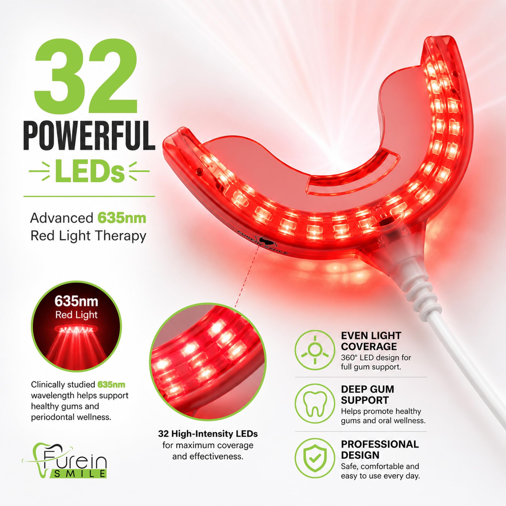 Dispositivo oral de luz roja, solución avanzada de terapia de encías y alivio del dolor de muelas, con 32 luces LED. Incluye adaptadores USB, iPhone y Android para un uso cómodo