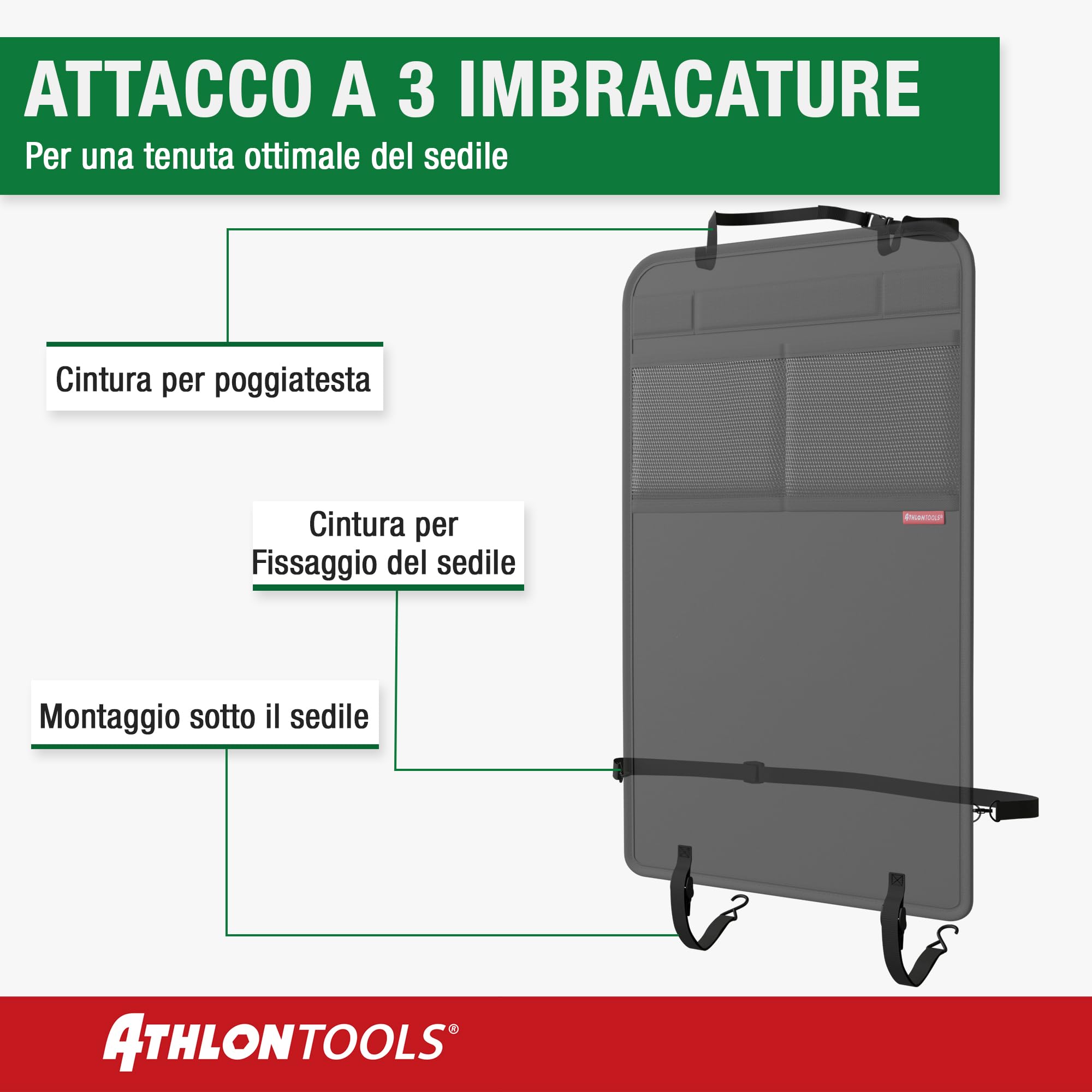 ATHLON TOOLS tappetino di protezione dello schienale rivestito, tappetino di protezione dello schienale dell'auto - con tasche in rete - repellente allo sporco