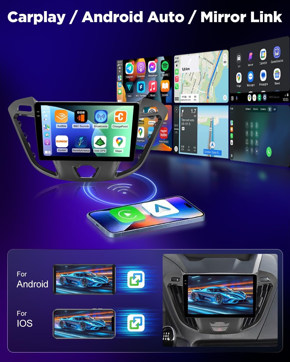 NHOPEEW 4+128G Android Autoradio per Ford Transit Custom 2013-2017 con Wireless Carplay e Android Auto - Schermo incell da 9 pollici Supporto WiFi GPS Comandi al volante + Telecamera di retromarcia