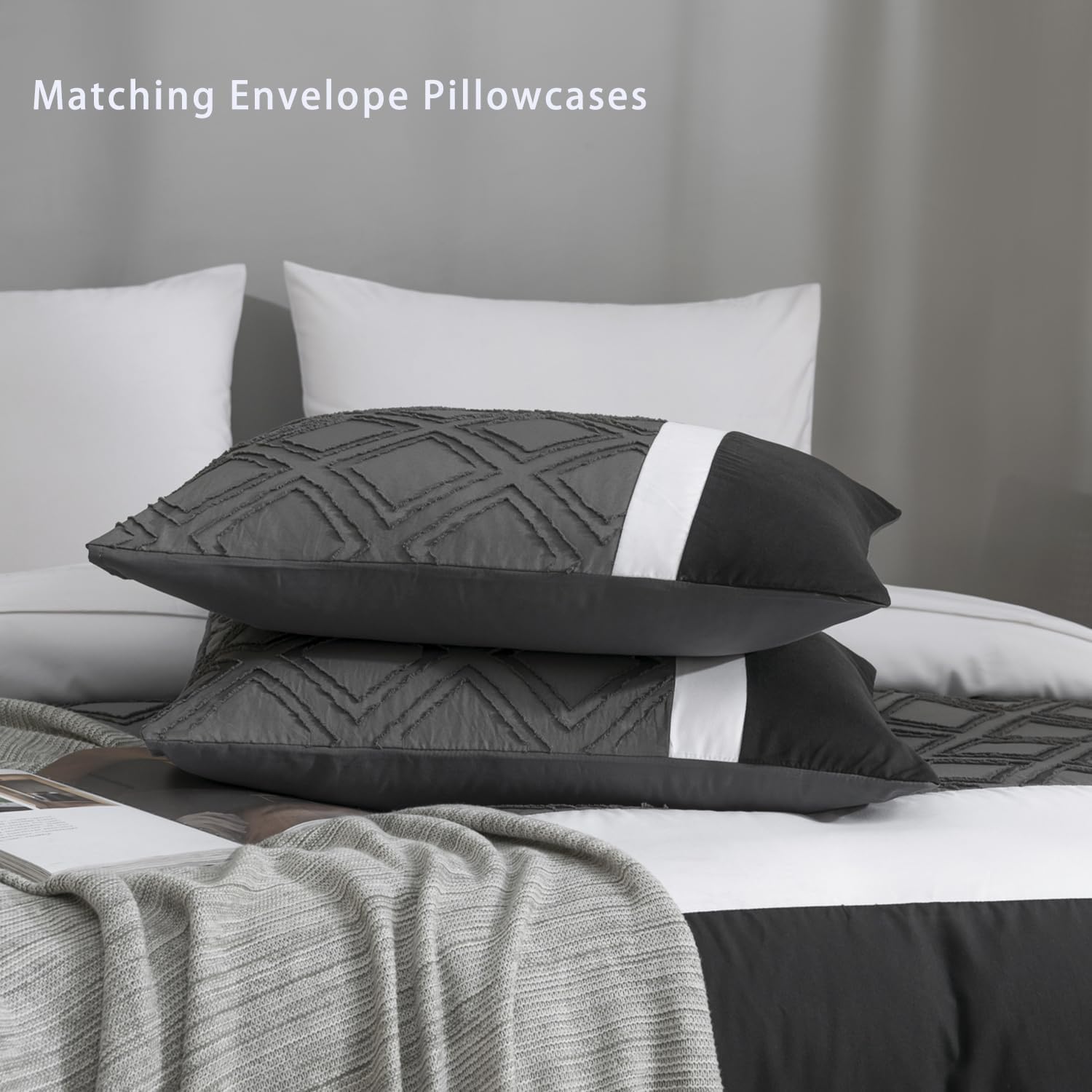 Dark Gray Tufted Duvet Cover Queen Set Grey Black and White Colorblock Patchwork Bedding Comforter Cover Modern Farmhouse Boho Jacquard Rhomboid Tuft Texture Duvet Cover with 2 Pillowcases