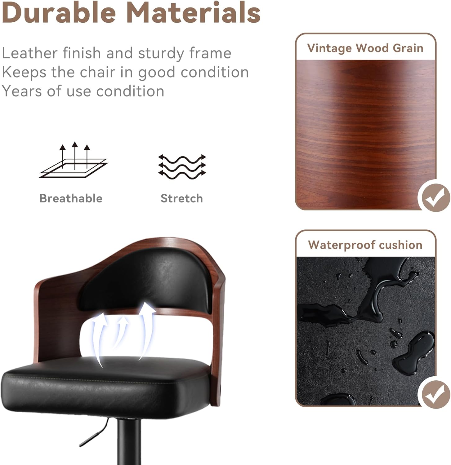 Nalupatio Modern Swivel Bar Stools Set of 2, Wooden Upholstered PU Leather Barstools with Back & Footrest, Counter Height Bar Chairs for Kitchen Island, Black